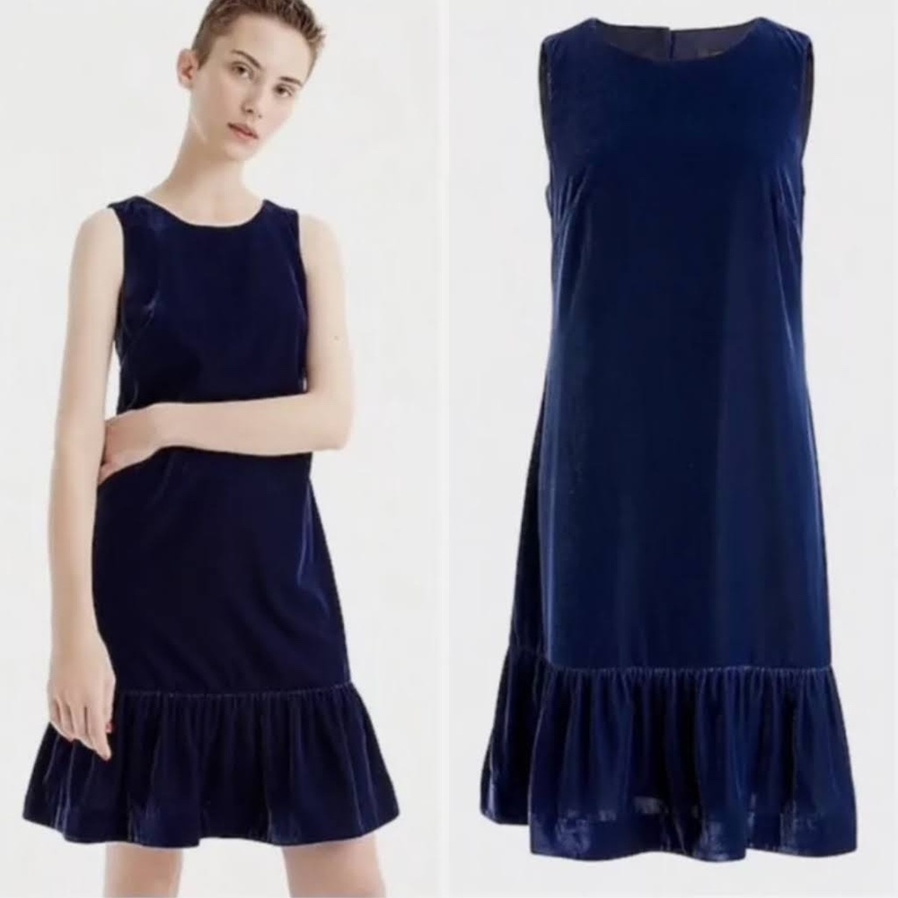 J Crew Blue Velvet Sleeveless Ruffle Hem Dress
